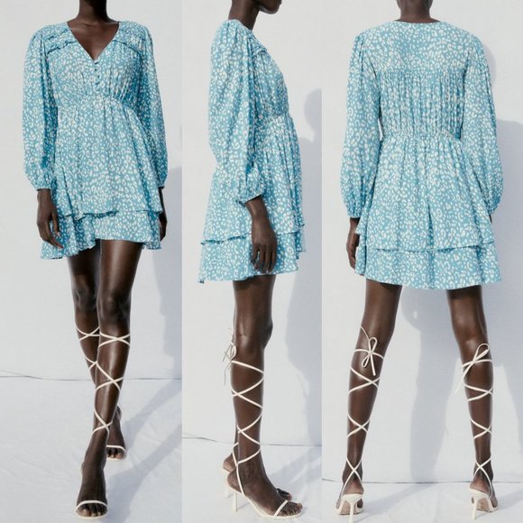 NEW Zara Animal Leopard Print V Neck Layered Ruffle Skirt Cute Mini Dress Blue S - Picture 4 of 10